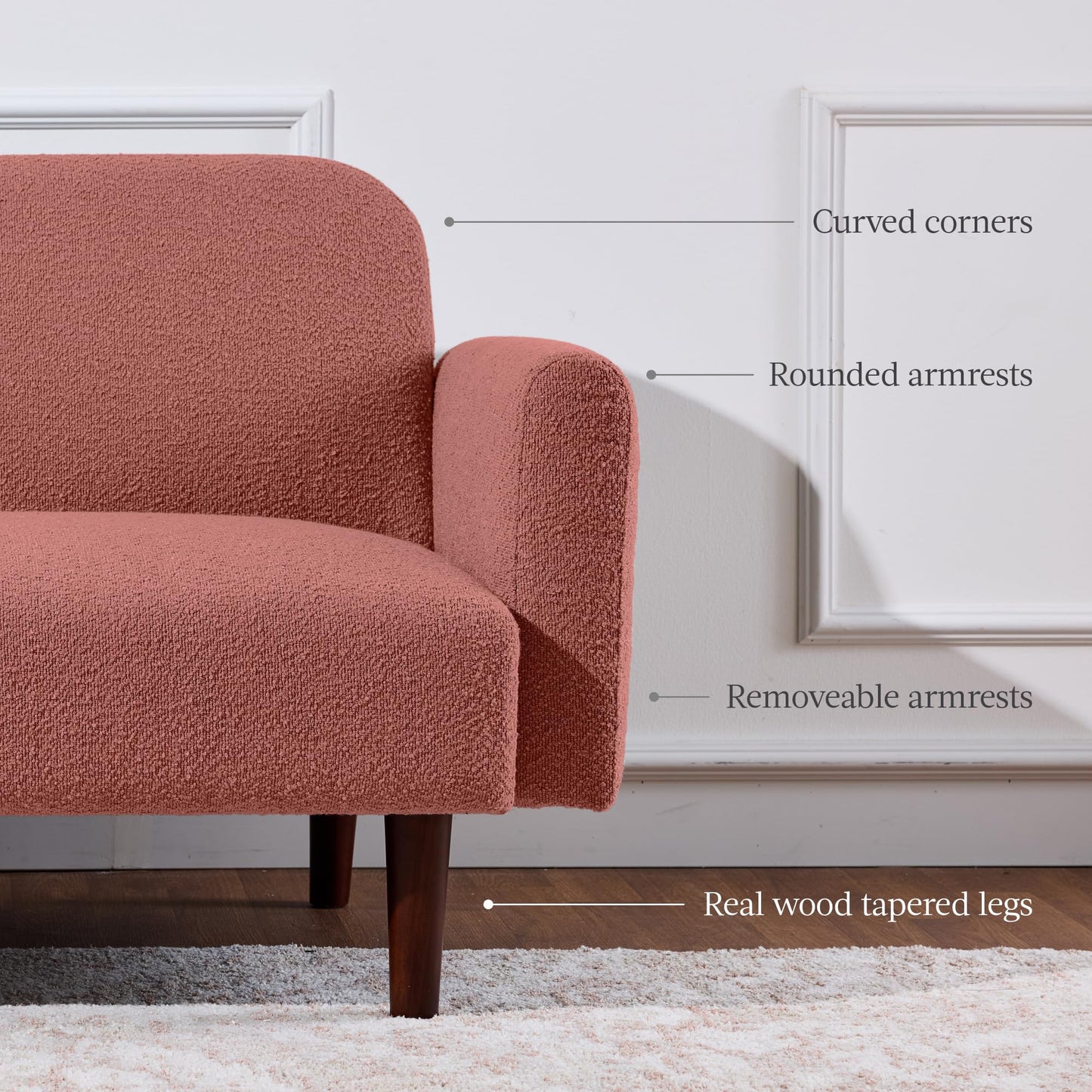 Best Choice Products 77" Mid Century Modern Boucle Loveseat Sofa, Couch, Convertible Sofa Sleeper Bed w/Real Wood, Removable Armrest - Mauve