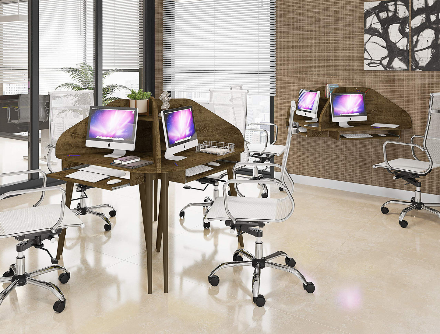 Manhattan Comfort Bradley Mid Century Modern Home Office Cubicle Section Study Desk, 2 Piece, Rustic Brown