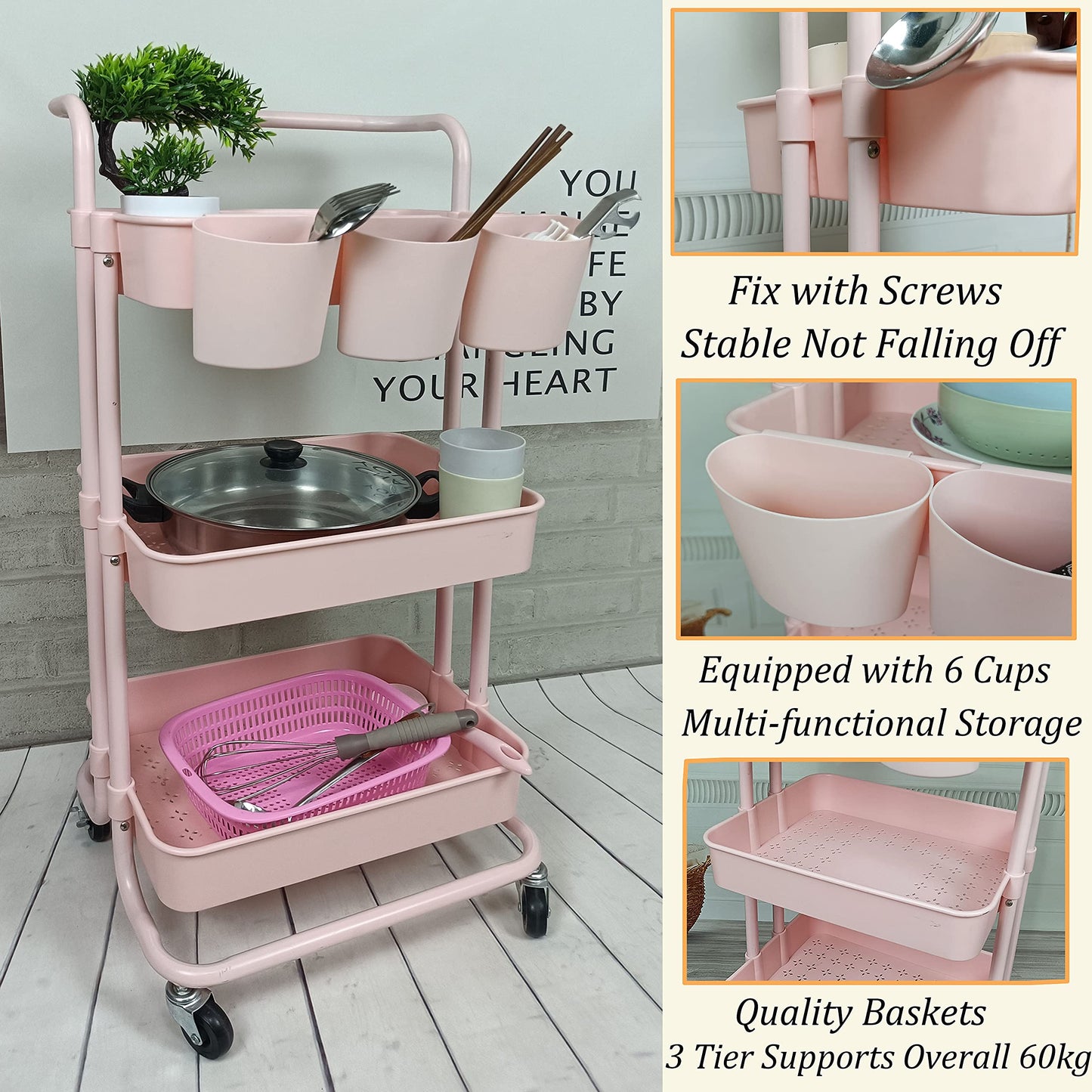 Freletry 3 Tier Utility Rolling Cart Storage Organizer Shelf Rack with 6PCS Hanging Cups for Home Office Kitchen Bathroom Storage (Pink)