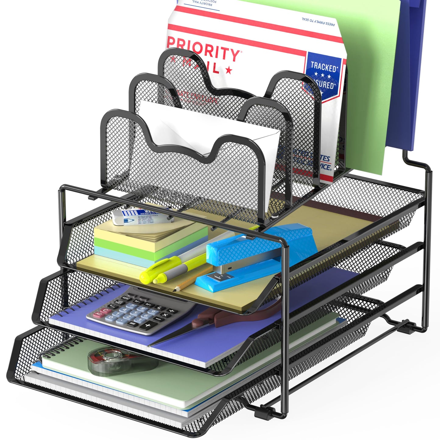 Simple Houseware Desk Organizer with 3 Sliding Tray and 5 Stacking Sections, Black