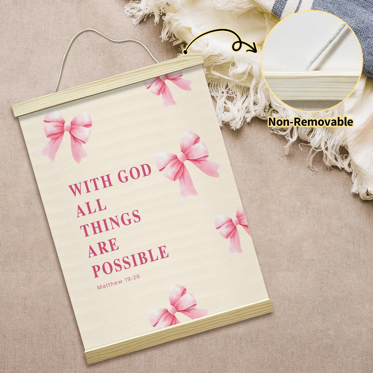 Pink Bow Coquette Poster Hanger Frame, With God All Things Are Possoble Bible Verse Christian Posters Canvas Wall Art for Women Girls Dorm Bedroom Decor, 12x16 Inches -031