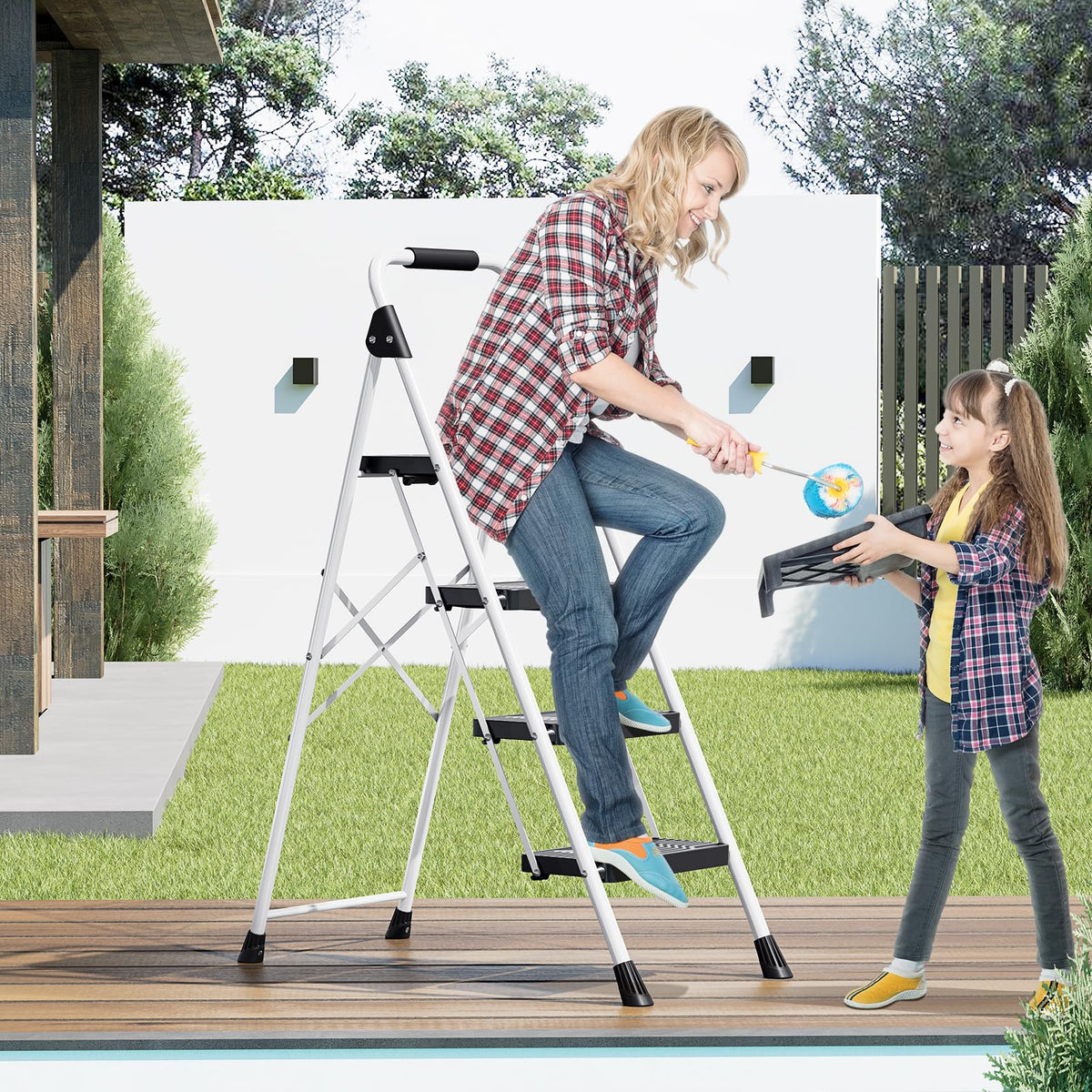 KINGRACK 4 Step Folding Ladder, 800lbs Capacity Step Stool with Safety Lock, Non-Skid Wide Pedals, and Handrail, Lightweight, Household Ladder for Home, Kitchen, Pantry, Closets, and Office Use, White