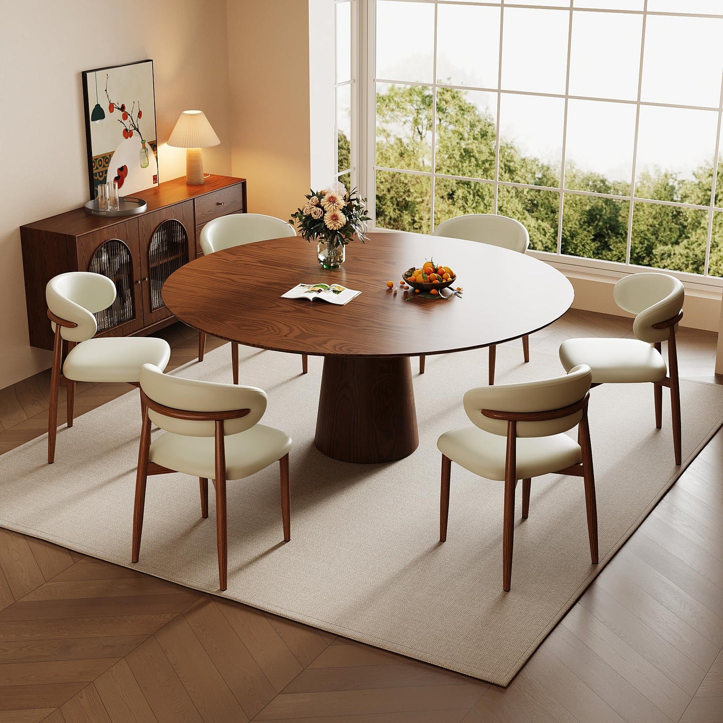 LUCKIIA Dining Chairs Set of 2 for Kitchen Dining Table Mid Century Modern Farmhouse Upholstered Leather Dining Room Chairs with Metal Legs, Walnut Beige