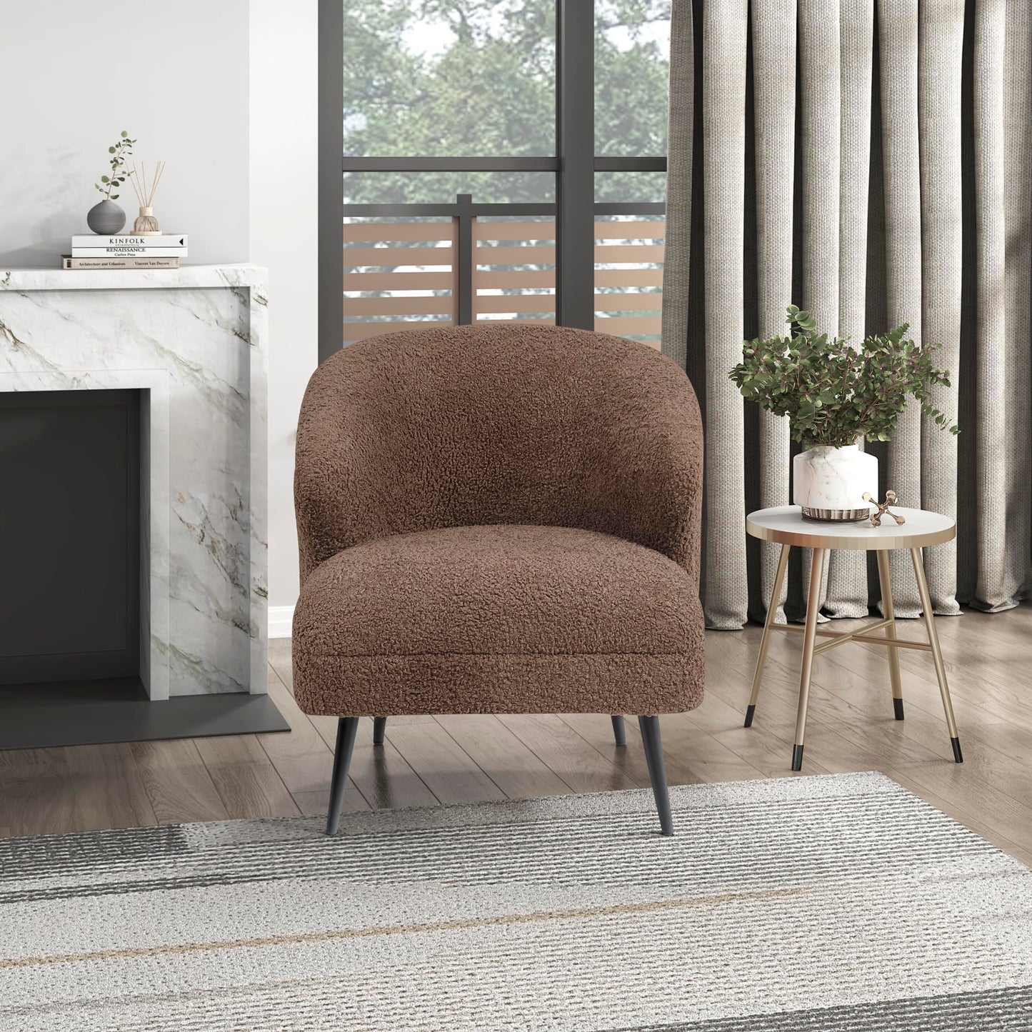 Lexicon Modern Accent Chair, Boucle Fabric Upholstered Single Sofa Chair with Curved Back for Living Room/Bedroom/Office/Apartment, Brown