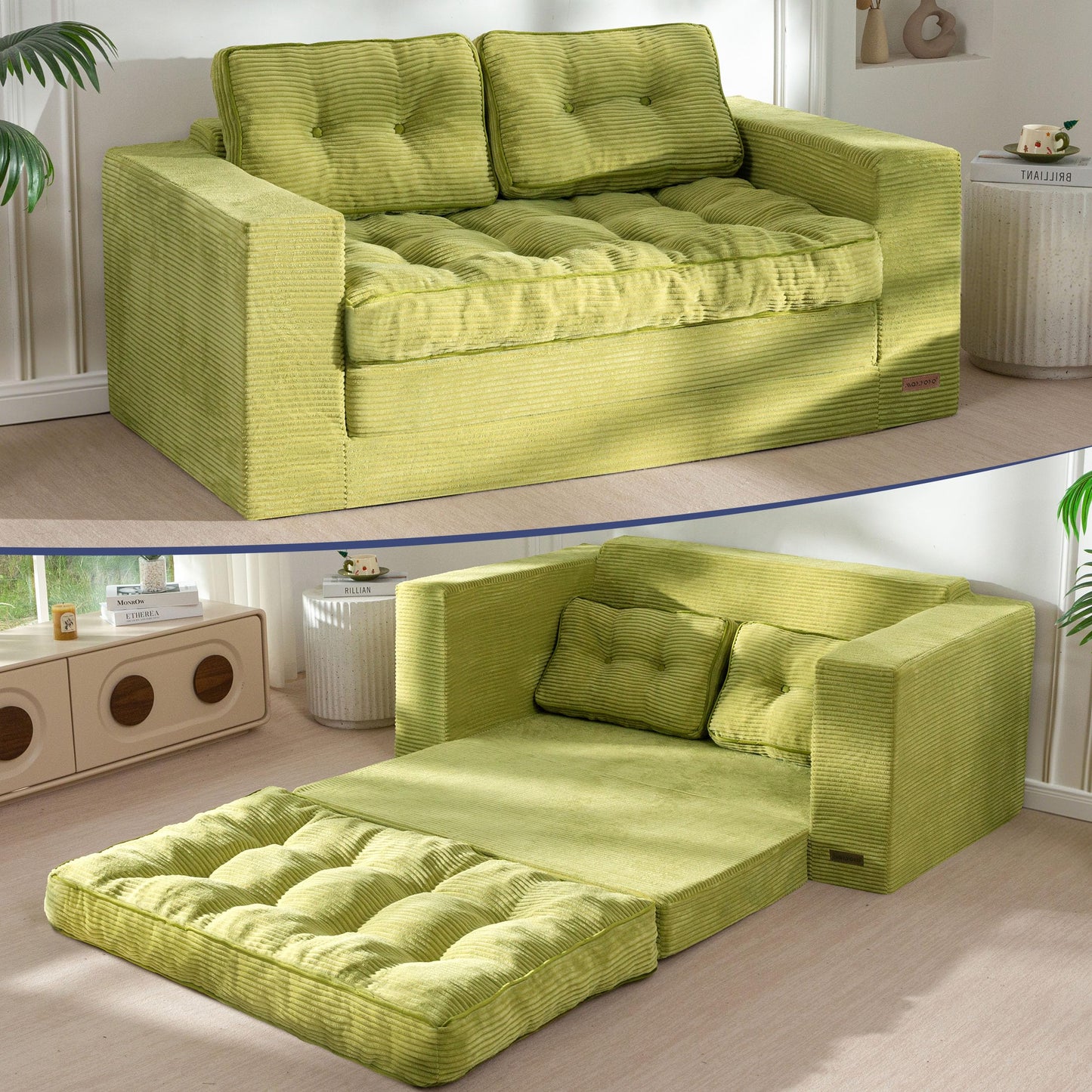 MAXYOYO Convertible Sofa Bed, Pull Out Loveseat Sofa Couch, 2 in 1 Folding Couch Bed, Fold Out Floor Couch with Pillows for Living Room Bedroom Lounge, Green