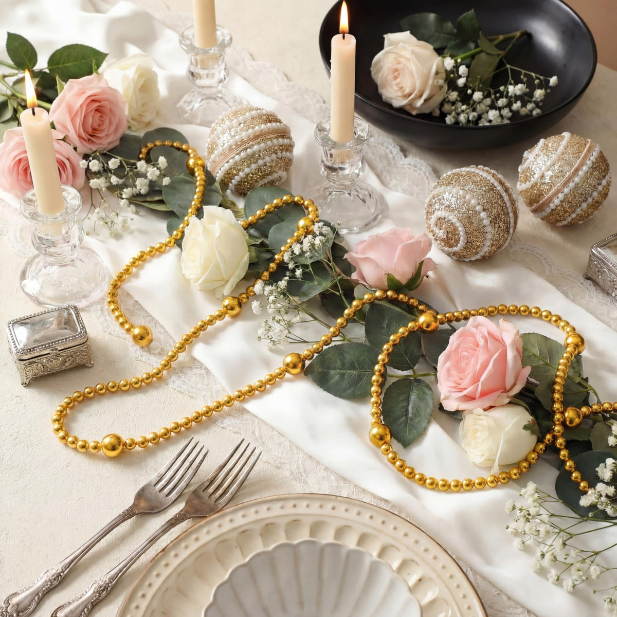 Yalikop 11.8 ft Gold Faux Pearl Beads Garland for Wedding Pearl Garland Strand Chain Wedding Decoration for Floral Centerpieces Bridesmaid Party Favor Mantel Fireplace Stairs