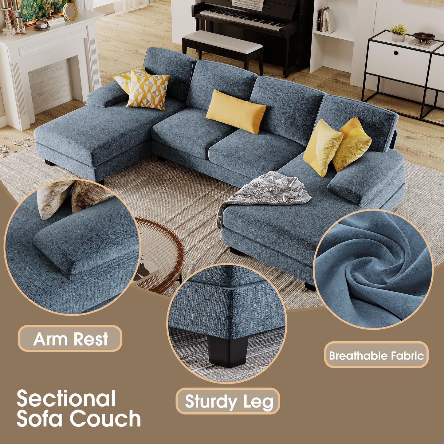 Furmax Sectional Couches for Living Room, U-Shaped Sofa Couch with Linen Fabric, 4 Seat Sofa Set with Double Chaise for Apartment (Chenille, Light Blue)