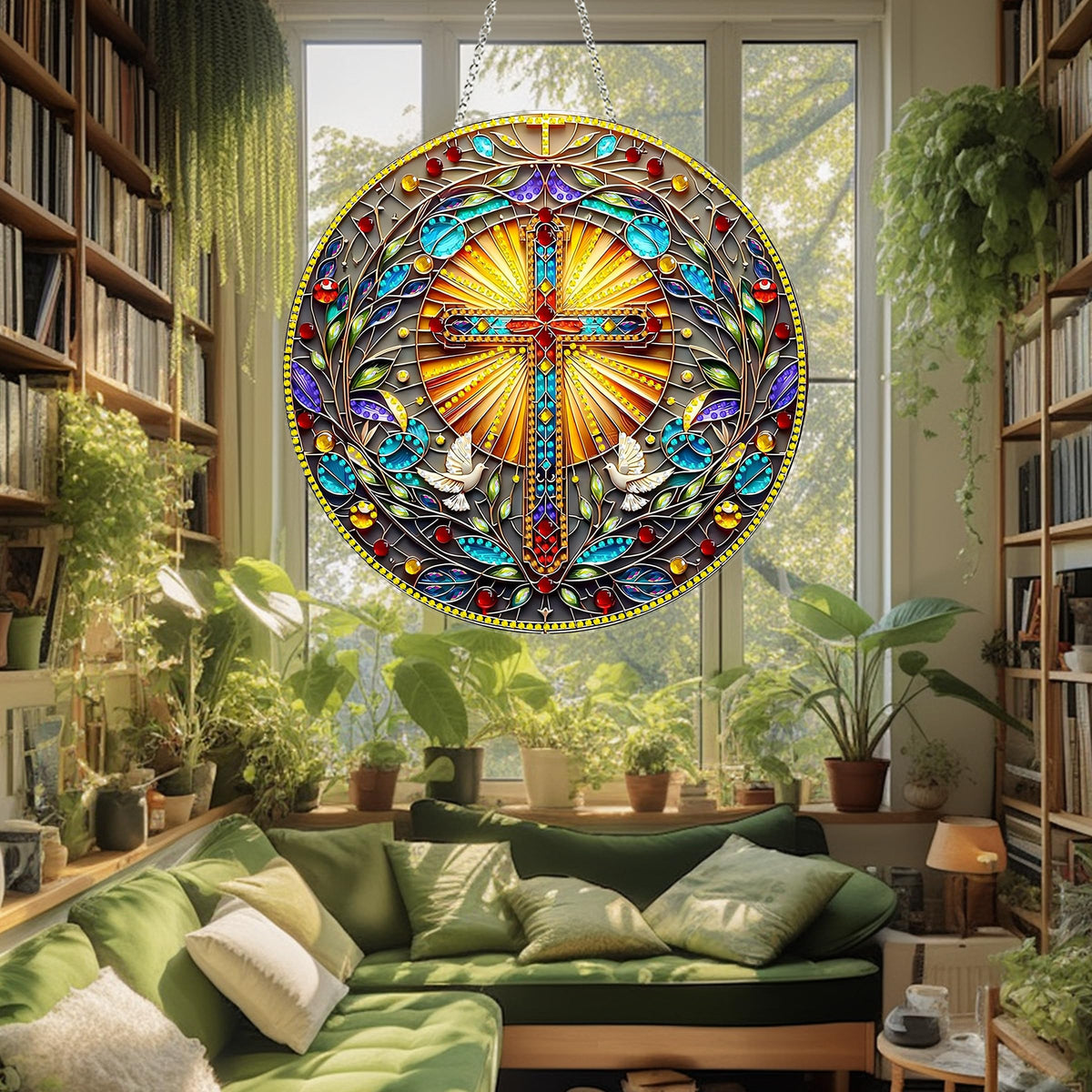 DIY Acrylic Diamond Art Painting Wreath Kits Special Shaped Rhinestone 5D Diamond Art Window Pendants Home Garden Wall Hanging Kits Hanging Ornament (Cross-1)