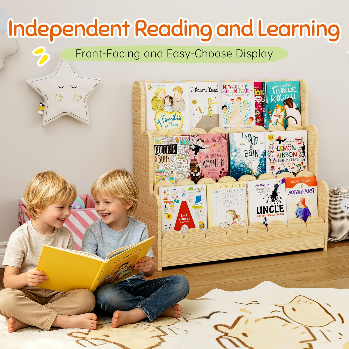 HADAMUYE 3-Tier Kids Bookshelf, Scalloped Montessori Bookshelf for Toddler and Baby, Small Childrens Bookcase, Solid Wood Book Shelf for Kids Room, Nursey, Playroom and Classroom, Natural