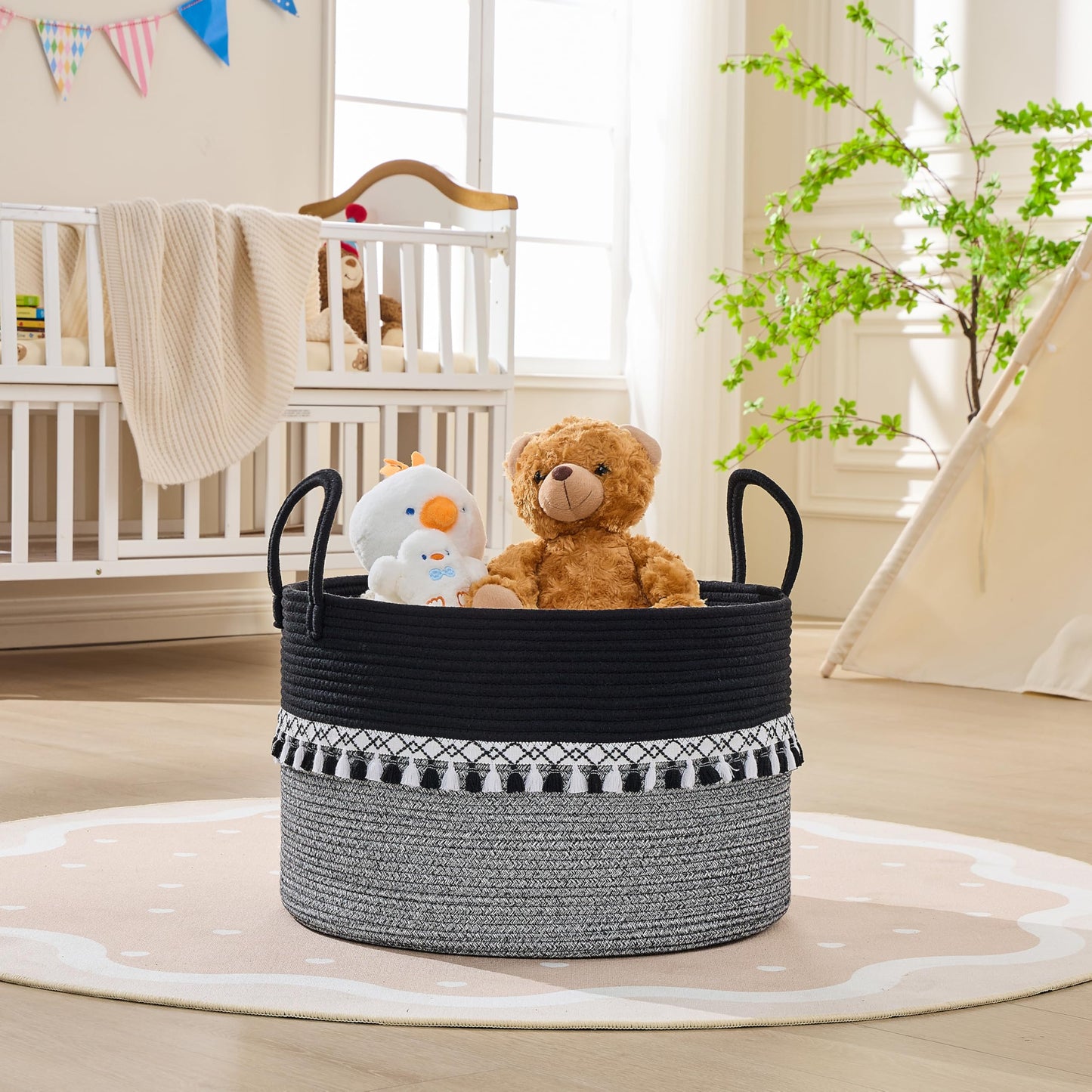 KAKAMAY Cotton Rope Storage Basket (20"x13"),Woven Hamper for Blankets,Toys,Pillows,Clothes,Laundry,Sturdy Handles Decorative Basket for Living Room, Bedroom,Nursery(Black Printing)