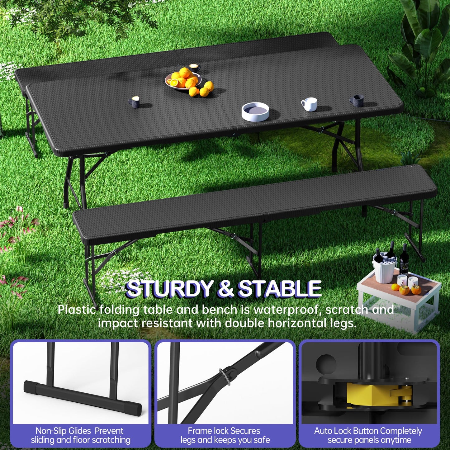 VSOAEIL 6 Foot Folding Bench, Portable Plastic Folding Bench Seat, Foldable Seat for Indoor Outdoor Picnic Camping Dining, Soccer Garden Multipurpose Entertaining Activities, Black Rattan, 1 Pack
