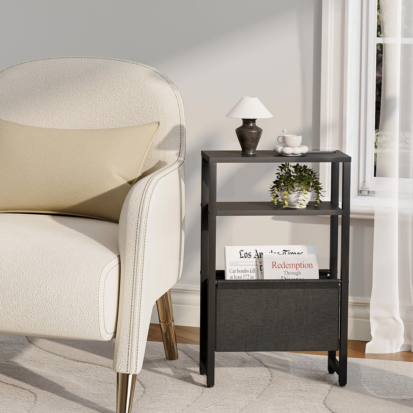 IRCPEN Narrow Side Table, Slim End Table with Magazine Rack, Skinny Bedside Table for Small Spaces, 3 Tier Sofa Couch Table Nightstand for Living Room, Bedroom, Black LET503B