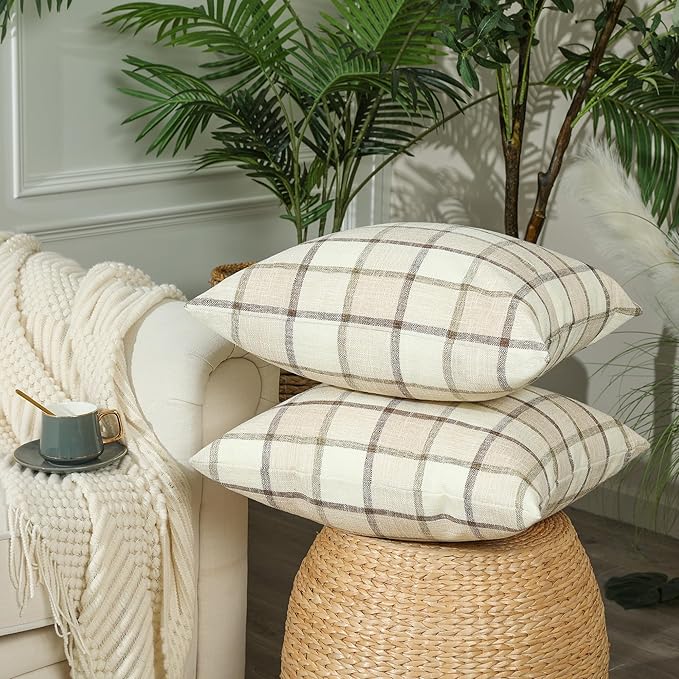 Stellhome Pack of 2 Fall Linen Buffalo Check Decorative Throw Pillow Covers