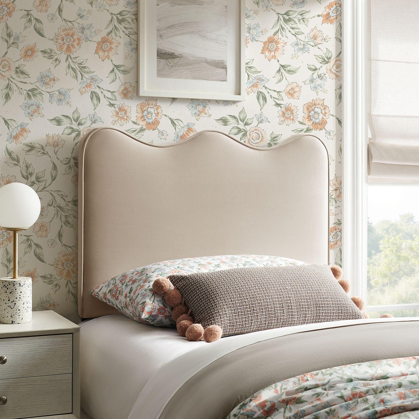 Monday Athena Twin Size Performance Velvet Adjustable Headboard in Almond - with Scalloped Wave Design and Stain-Resistant Velvet Upholstery