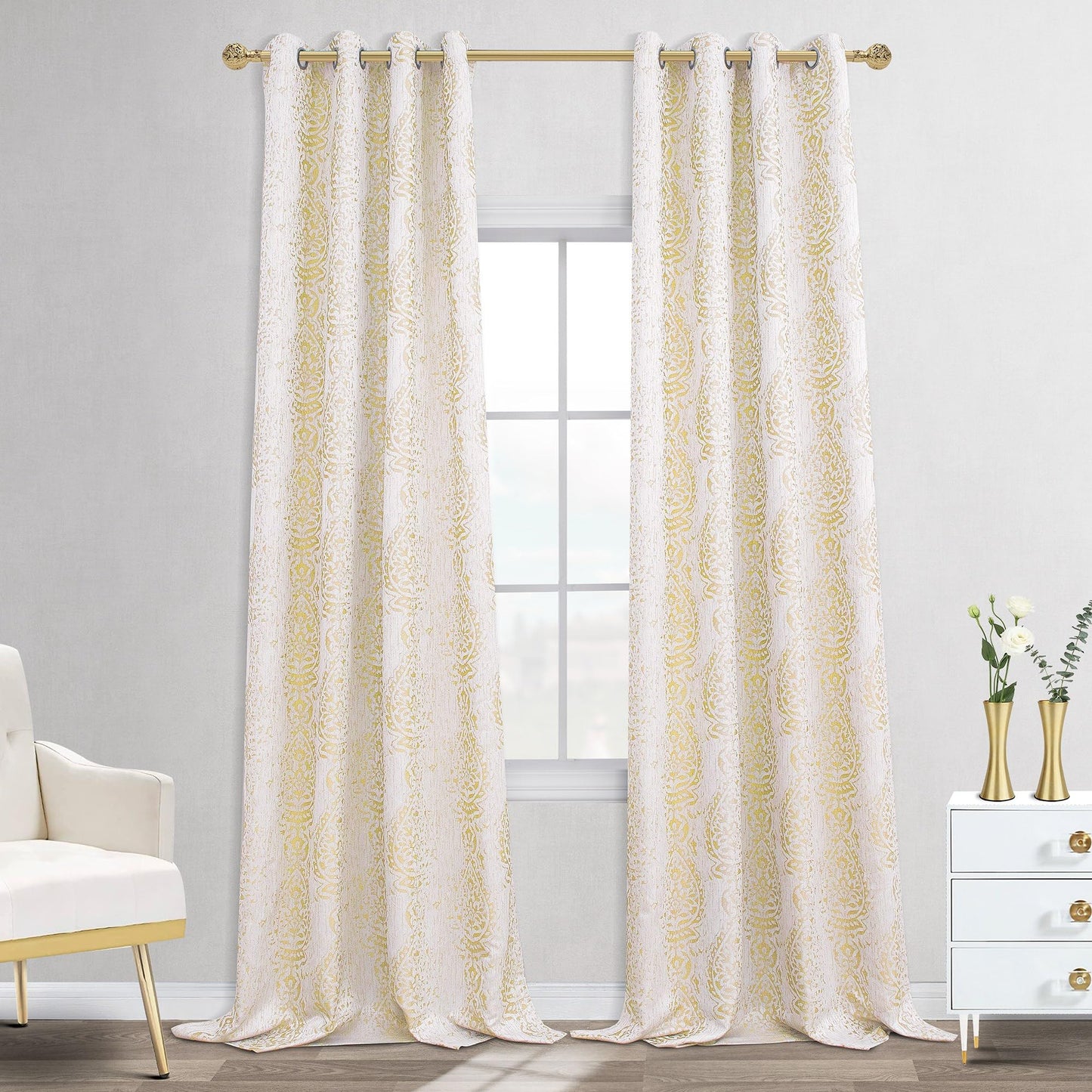 Mrs.Naturall 108 Inch 9FT Farmhouse Room Darkening Curtains, Damask Jacquard Luxury Grommet Drapes for Living Room Bedroom, 2 Panels Set, 9 FT Length 52'' L x 108'' W, Gold Yellow
