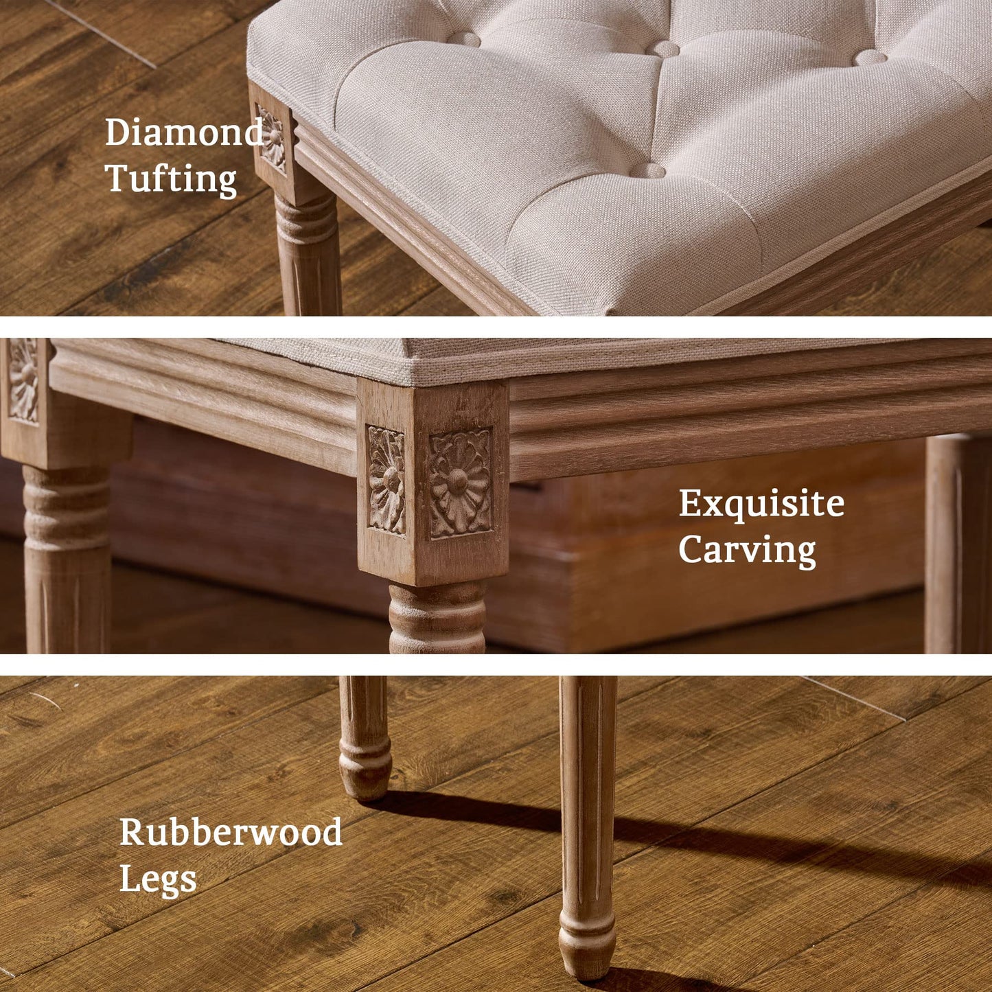 VONLUCE Ottoman Stool, Length: 15.7 inch, Width: 11.8 inch, Height: 18.5inch, Beige, with Padded Seat, Wood Frame, Button Tufted, for Dining, Living Room, Bedroom, Piano, Dressing, Vanity, Foot Rest