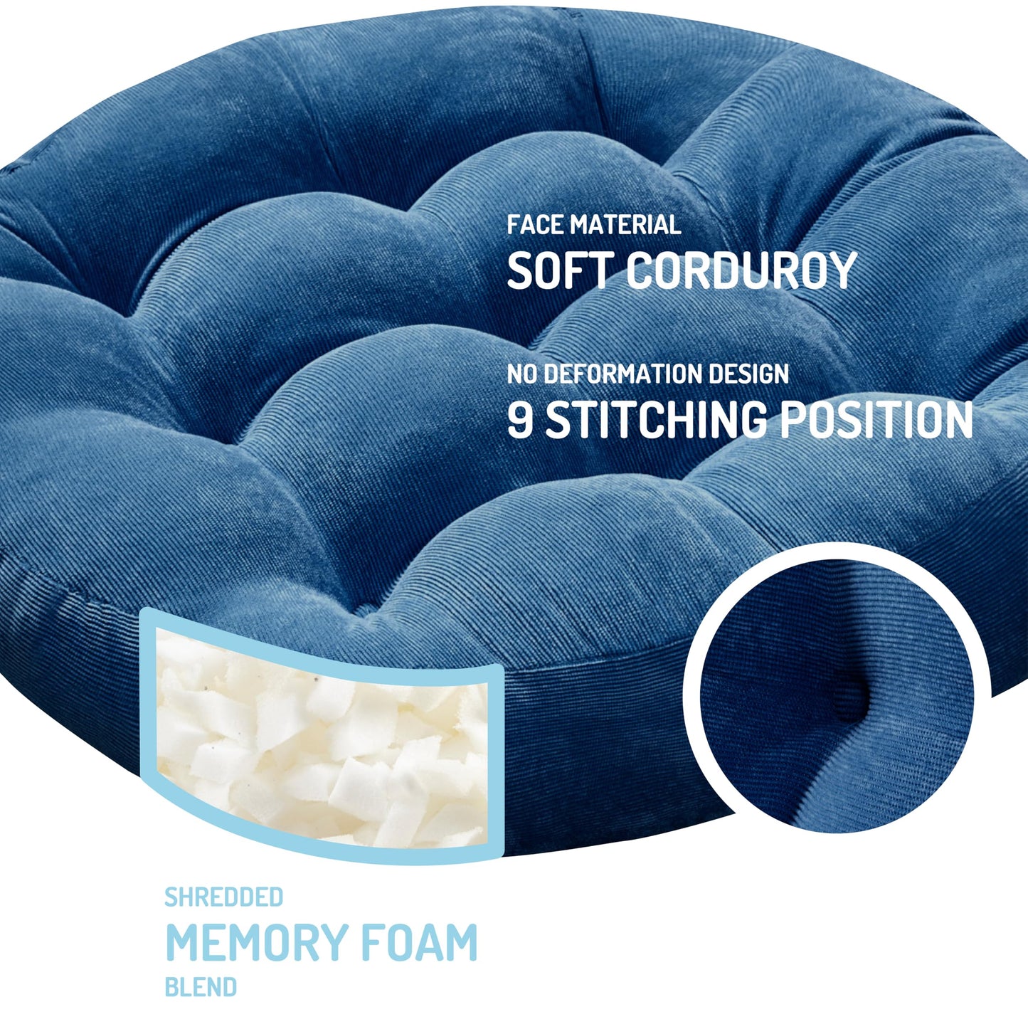 Degrees of Comfort Floor Cushion 6 Pack for Meditation, Home Office & Dorm – Corduroy Soft Seating Set, 22 Inch, High-Density Foam, Round Shape, Navy