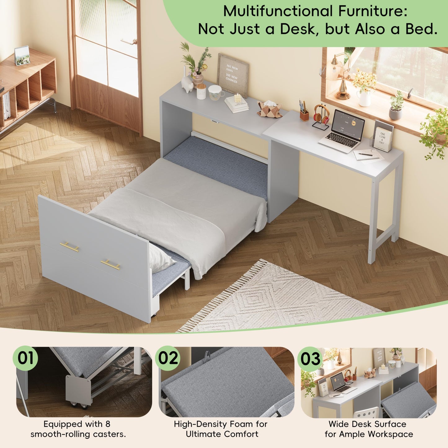 Twin Size Murphy Bed Cabinet - Multifunctional Bed with Adjustable Position Desk and Upholstered Folded Bed, Space Saving Beds with Wheels and Metal Handles, Hidden Beds for Small Spaces (Grey)