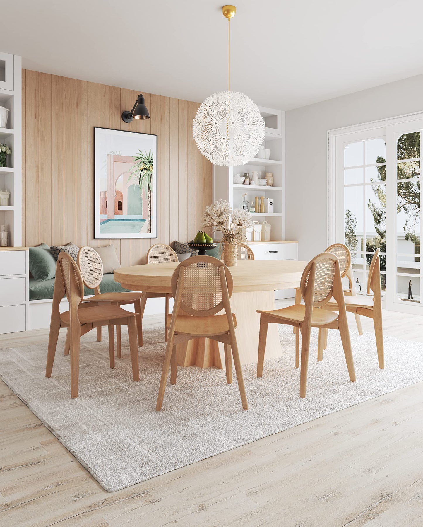 Manhattan Comfort Versailles Rattan Dining Chair, Wicker Round Backrest with Solid Ash Wood Frame, Mid Century Modern Fully Assembled Chairs, Set of 4, Natural