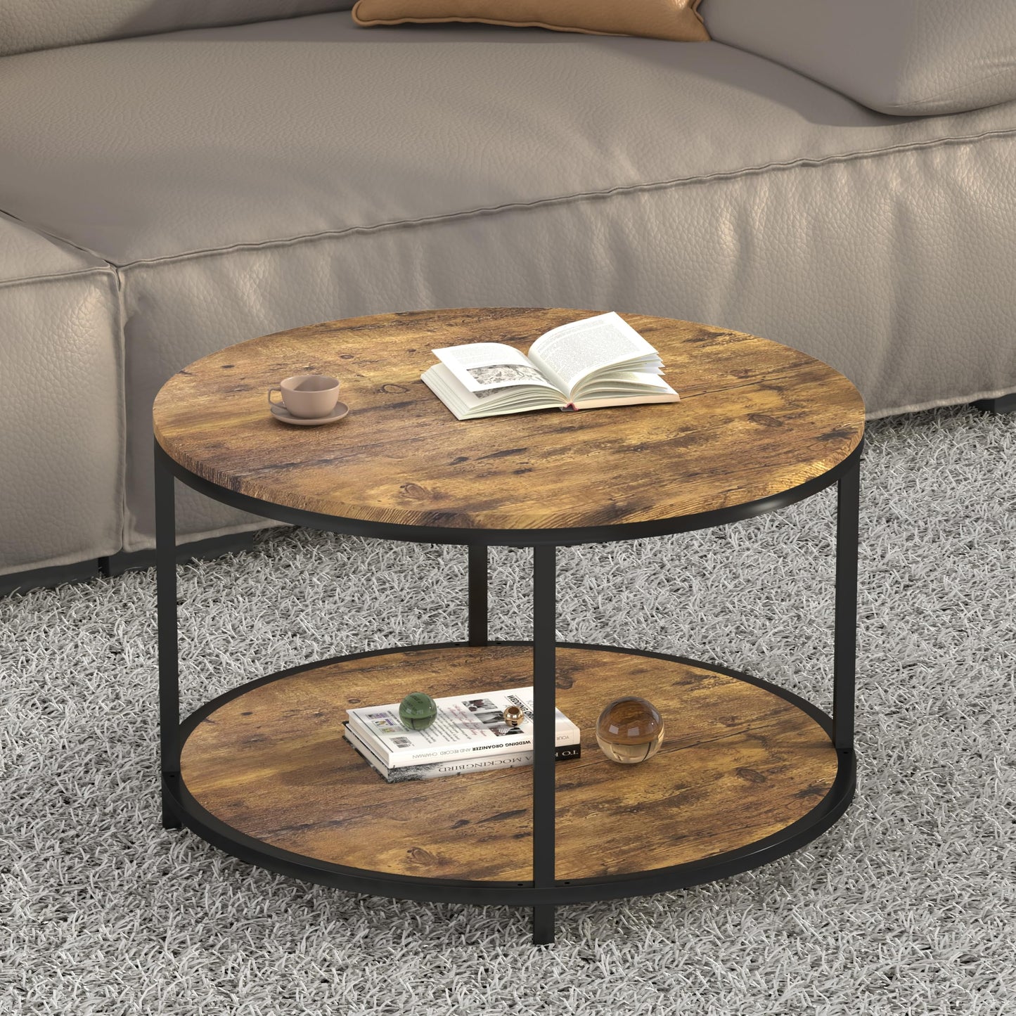 NSdirect Round Coffee Table, 25.6" Small Coffee Table for Living Room,2-Tier Rustic Wood Desktop with Storage Shelf Modern Design Home Furniture(Brown)