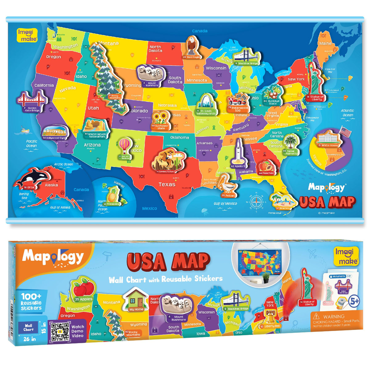 Imagimake Mapology USA Map with Reusable Stickers | 100+ Jelly Stickers | Classroom Geography Games & Learning Kids Toys Age 5-8 | Gifts for Boys & Girls Age 5,6,7,8,9,10,11,12 Years Old