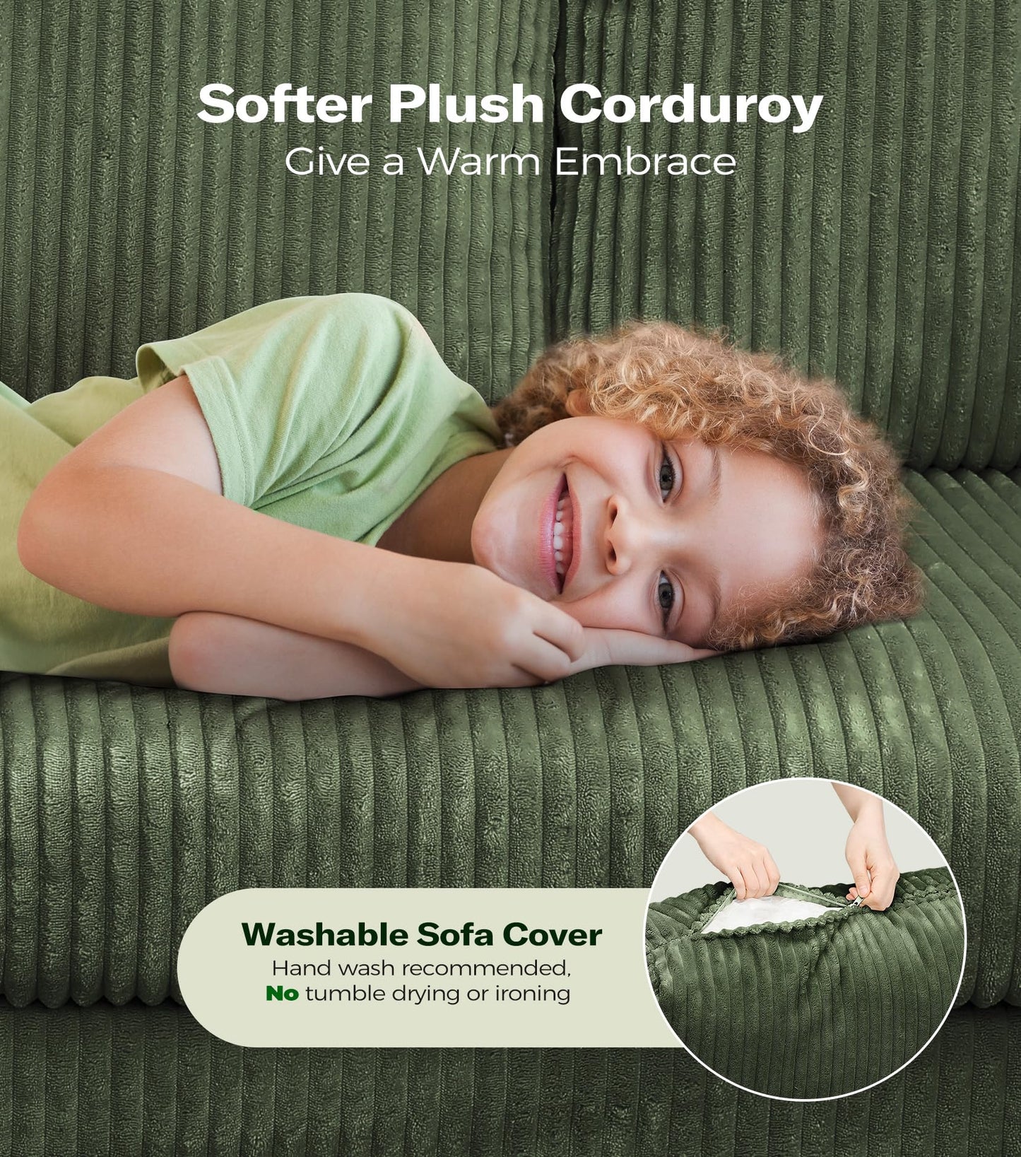 Welzona Plush Corduroy Couch, 101" Comfy Couches for Living Room, Tool-Free Setup Sofas for Living Room 6.3" Extra Wide Armrest, All-Wood Loveseat Sofa Couch for Bedroom/Office, 2 Pillows, Green