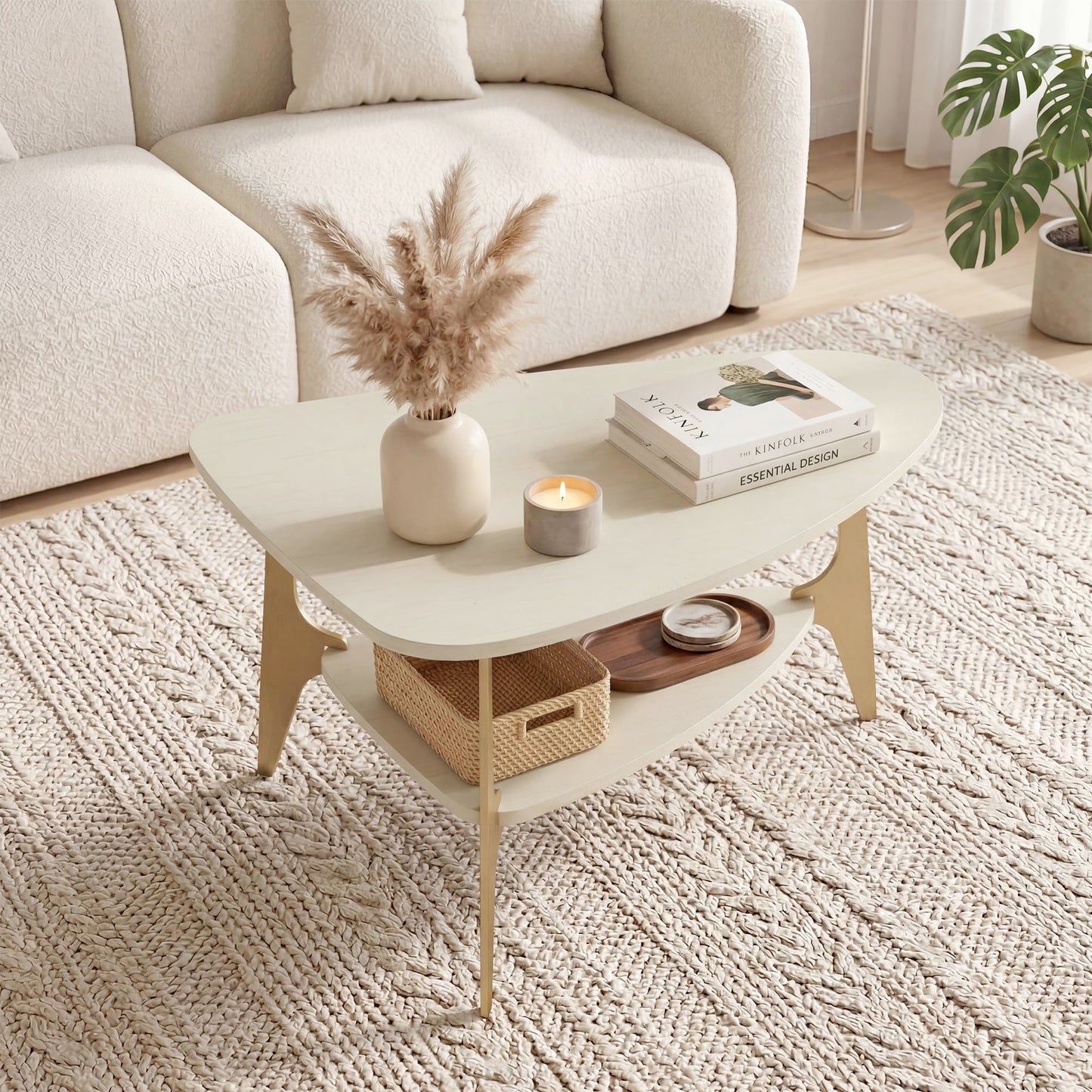 MWOOD Triangle Coffee Table, 33.5″‌ Modern Coffee Table with Storage Shelf, Waterproof Easy to Clean Center Table for Living Room, Apartment, White & Gold
