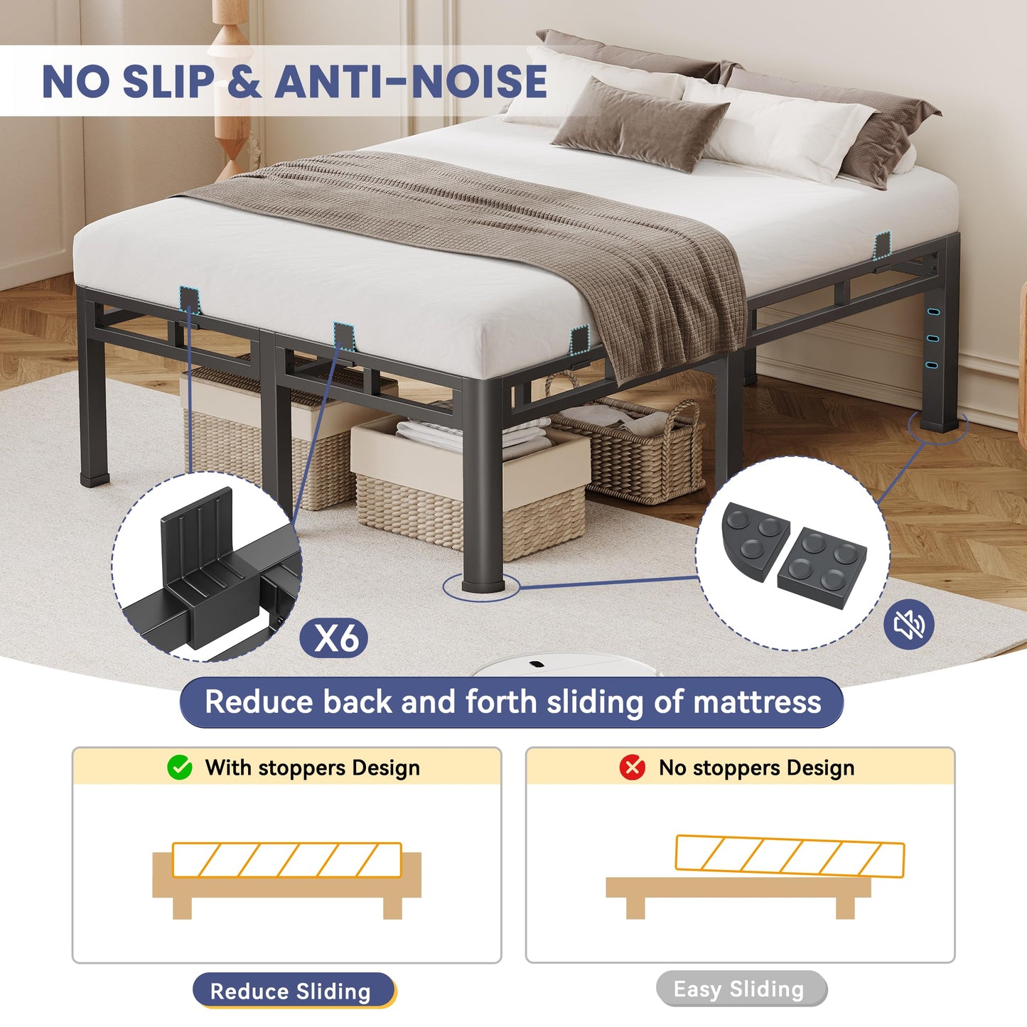 Anyroom 22 Inch King Bed Frame, Double Layer Heavy Duty Metal Platform 4000 lbs Capacity, Bed Frames with Headboard Holes, Round Corner Legs, Mattress Slide Stopper, Easy Assembly