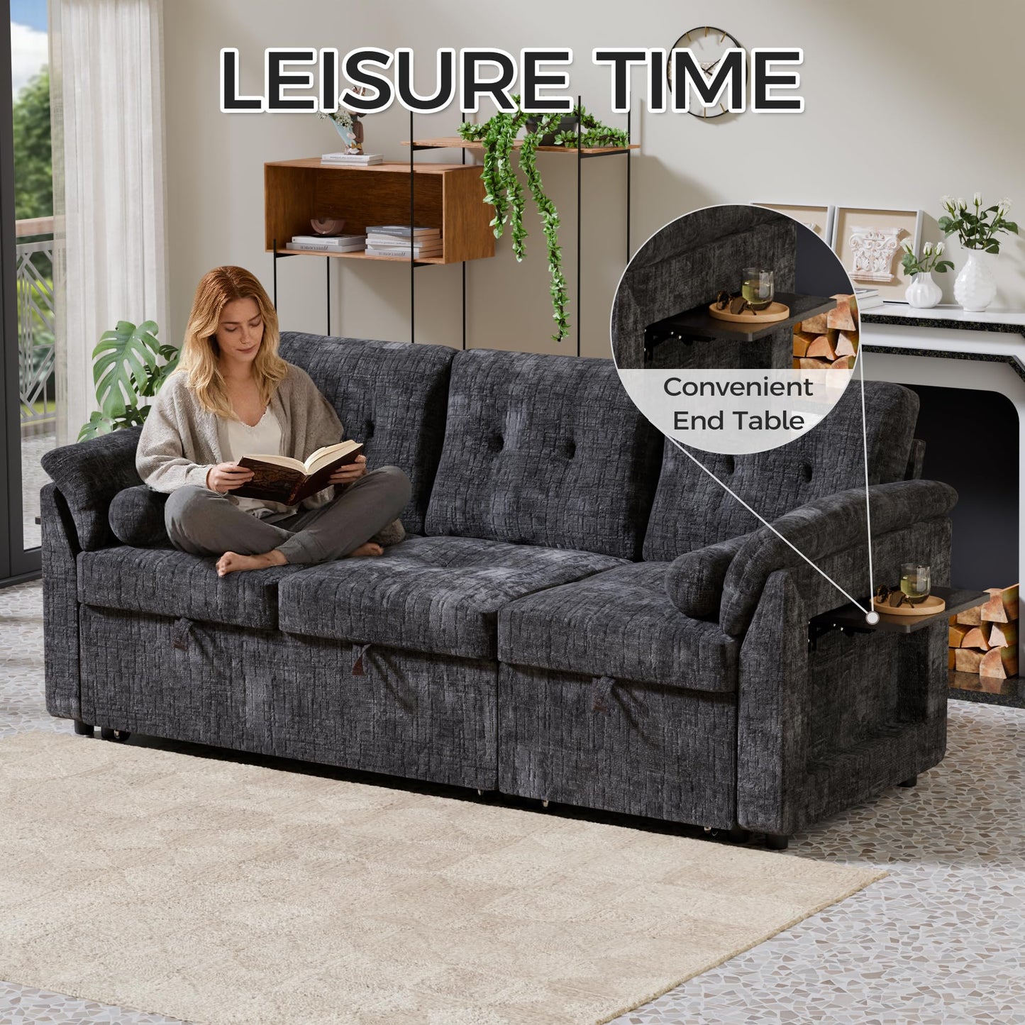 Trygoal Convertible Sleeper Sofa Bed, 63 Inch Chenille Pull Out Couch with Side Table & Adjustable Backrest, Sectional Sleeper Sofa with Pull Out Bed for Living Room, Apartment, Black