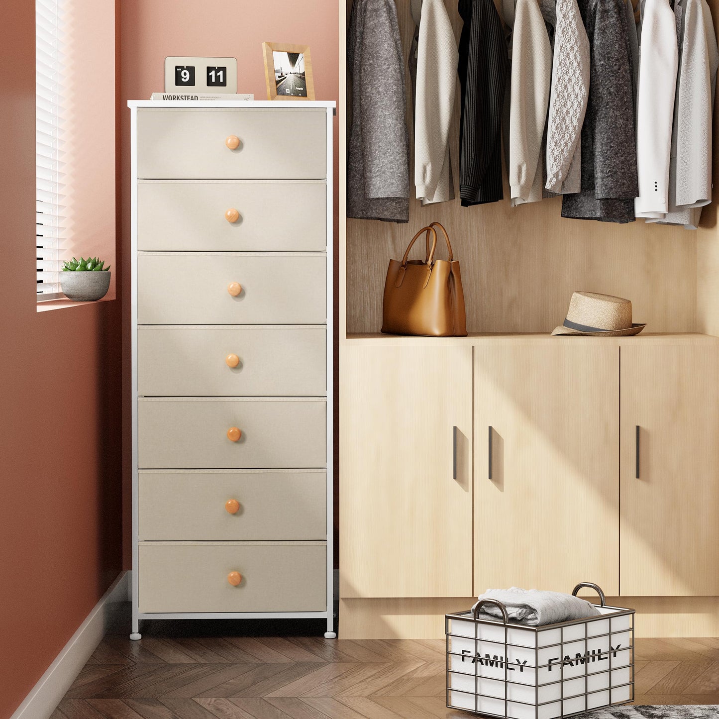 Crestlive Products Tall Dresser, 7-Drawer Fabric Storage Tower, Chests of Drawers - Vertical Organizer Unit for Bedroom, Hallway, Entryway, Nursery, Closets - Steel Frame, Wood Top & Handles (Beige)