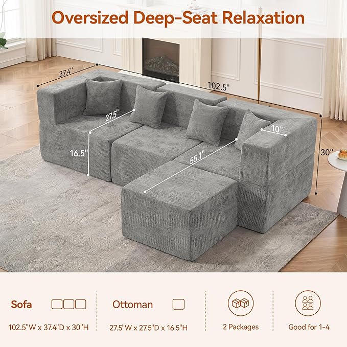 MONVANE 103'' Modular Sectional Sofa, Cloud Sectional Couch