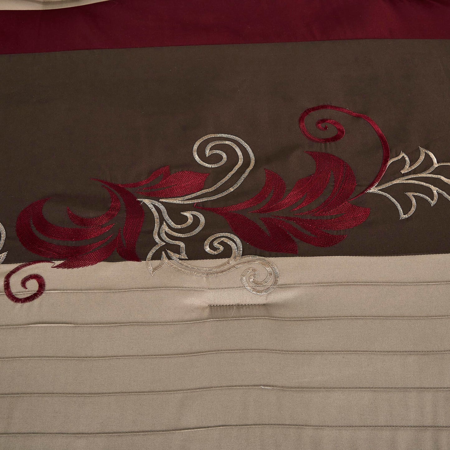 Chezmoi Collection Napa 7-Piece Luxury Leaves Scroll Embroidery Bedding Comforter Set (Queen, Burgundy/Taupe/Brown)