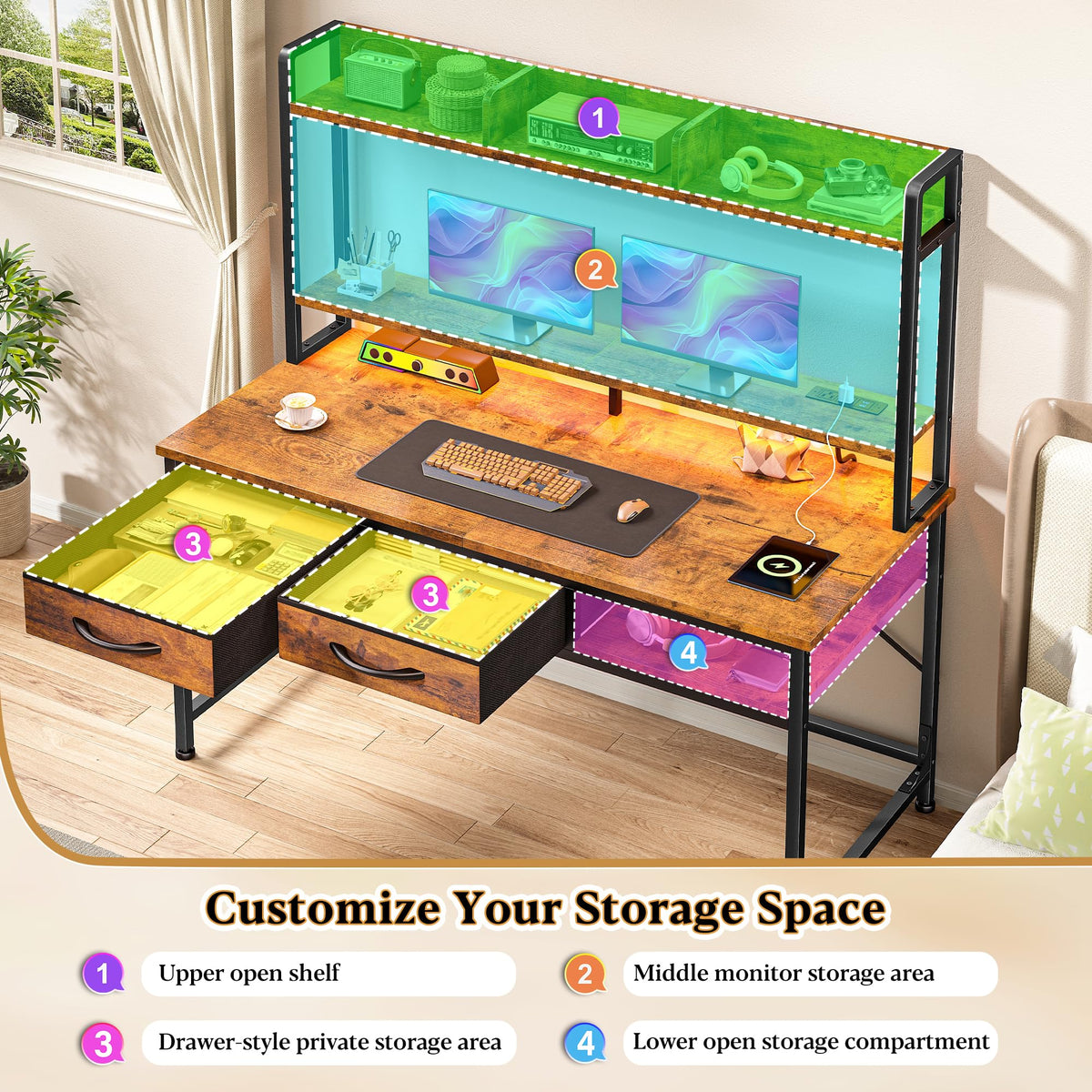 39.4"Office Desk with 2Drawers&Hutch,Computer Desk with Storage Rack&Monitor Stand,Gaming desk with LED&Power Outlet,Modern Study Writing Desk for Bedroom Home Office,Small Space,Rustic Brown