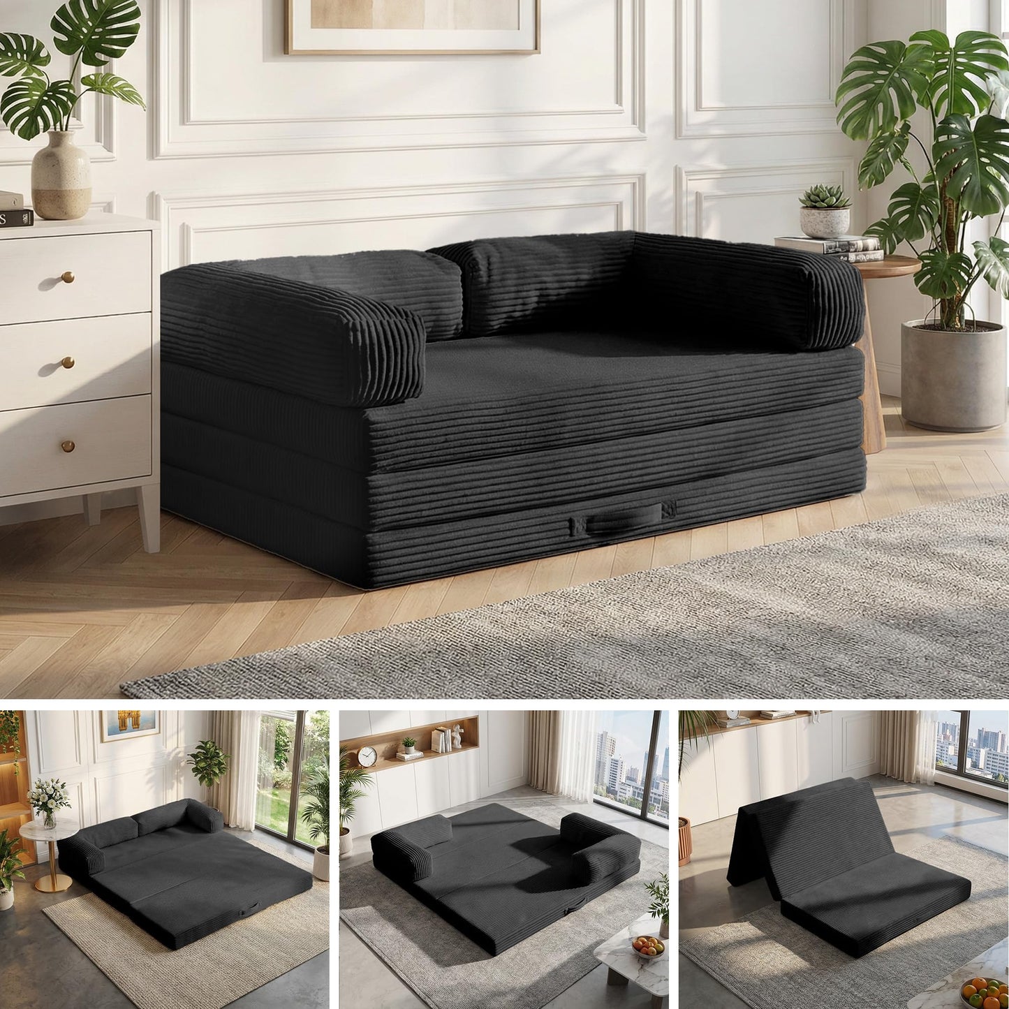 5-in-1 Convertible Sofa Bed,54" Boneless Couch Tri Folding Floor Mattress with Removable L-Shaped Armrests & Handle,Corduroy Futon Couch Sleeper with Pull Out Bed for Living Room Bedroom Apartment