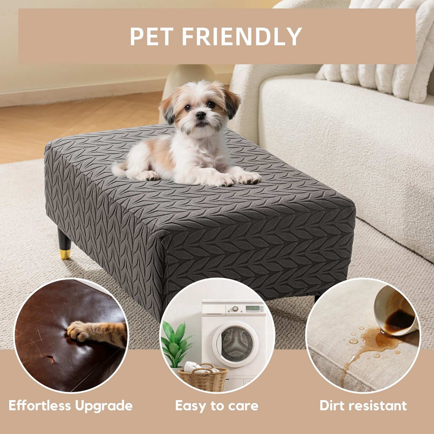 KaviKon Ottoman Cover Slipcover Rectangle Fit Length 25"-30" Stretch Foot Stool Slip Cover, Footrest Slipcovers Protector with Elastic Band, Ottoman Cover Removable Washable(Small,Herringbone Grey)