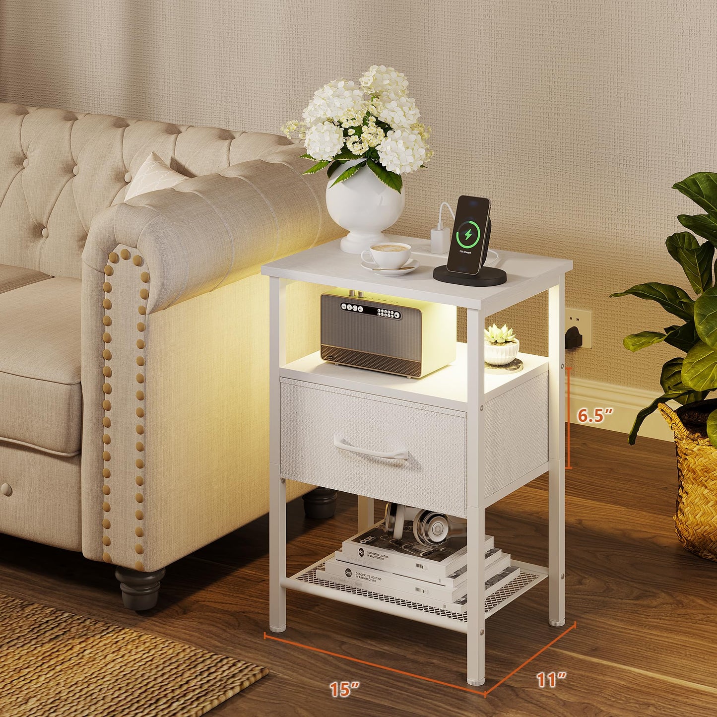 TRIFEBLE Night Stand Set 2, End Table with Charging Station, LED Bedside Table with Fabric Drawer for Bedroom, 3-Tier Side Table with Open Shelf, White