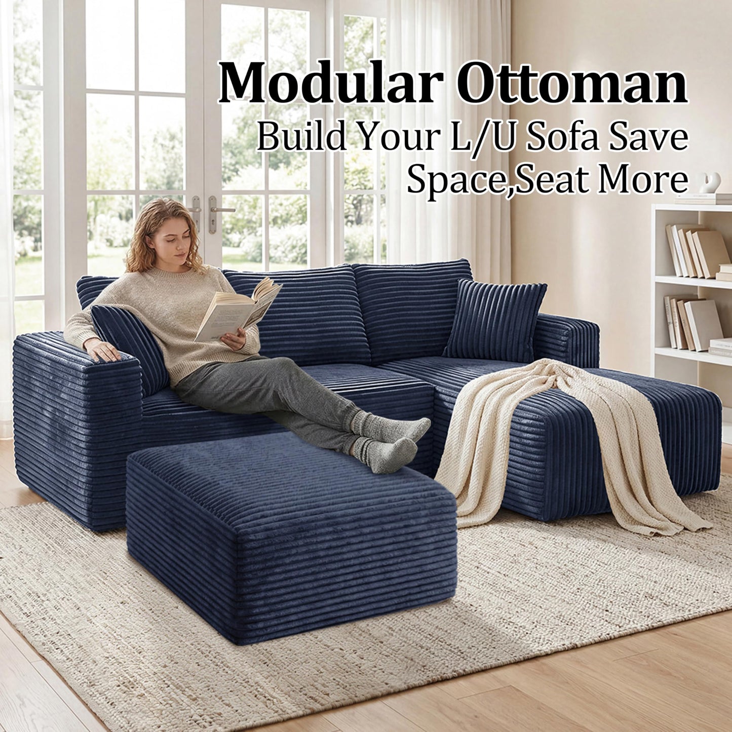 Corduroy Ottoman, Modern Boneless Cloud Foot Rest Foam Support, Oversized Modular Sectional Sofa Stool for Living Room, Bedroom & Small Spaces, No Assembly Required