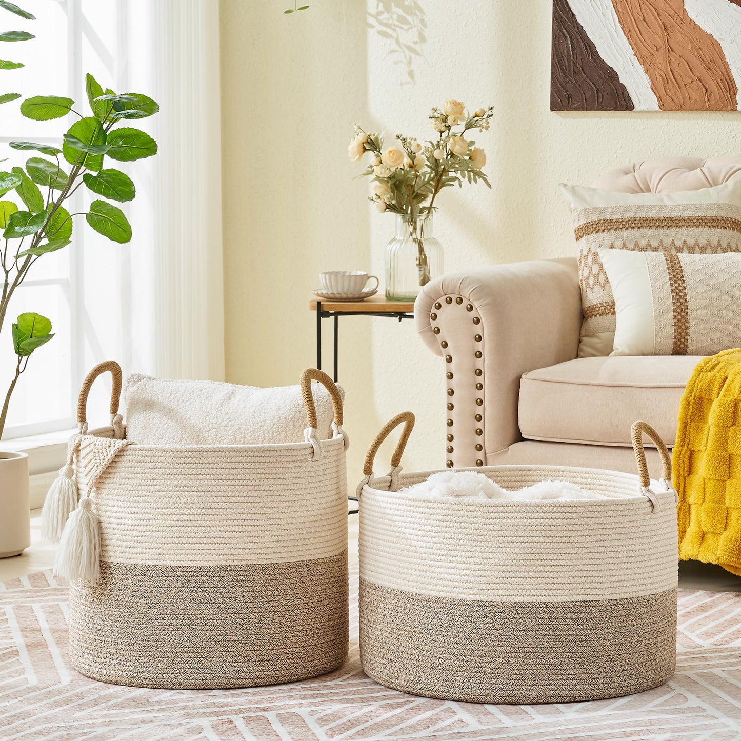 KAKAMAY Cotton Rope Storage Basket (20"x13"),Woven Hamper for Blankets,Toys,Pillows,Clothes,Laundry,Sturdy Handles Decorative Basket for Living Room, Bedroom,Nursery(Beige)