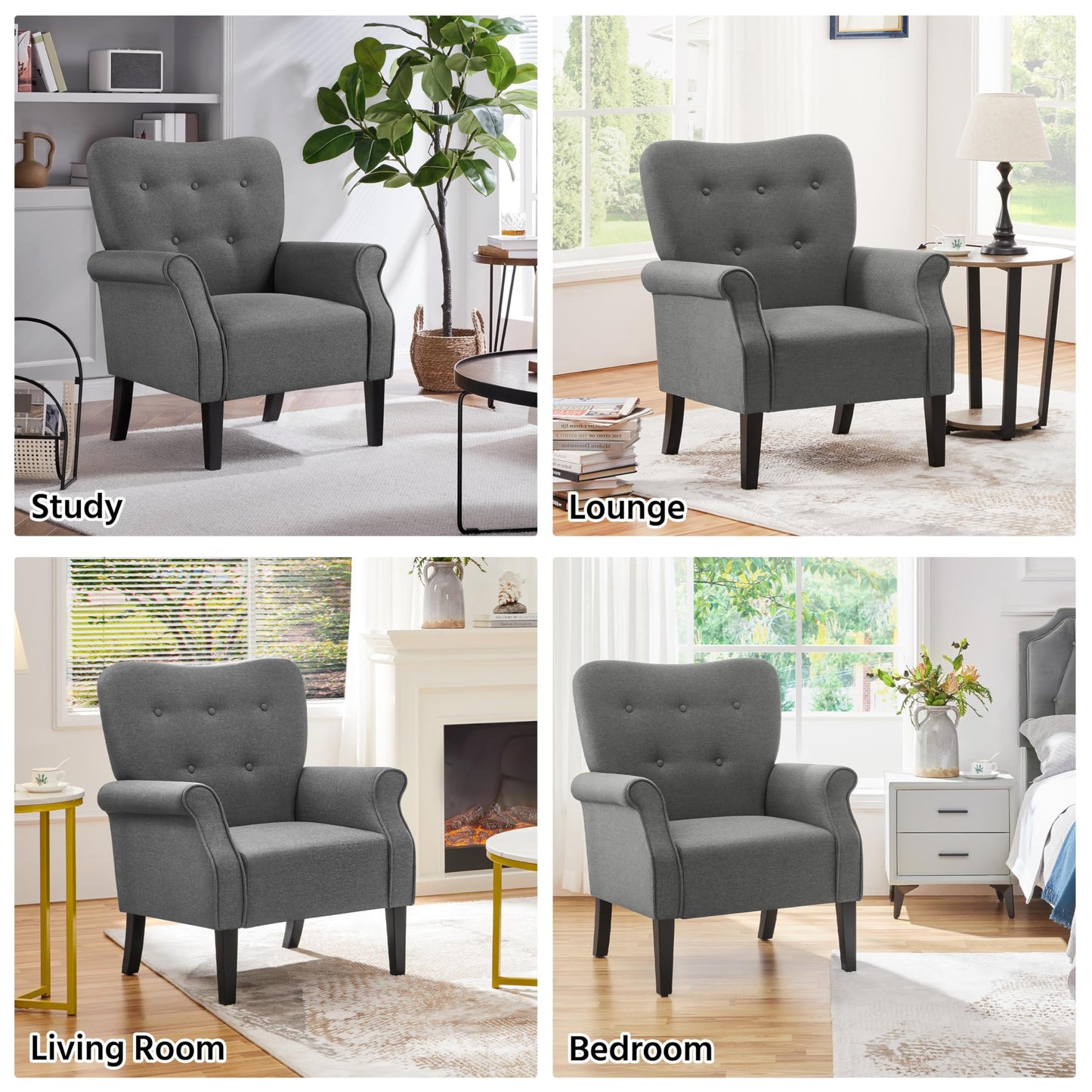 Yaheetech Modern Armchair, Mid Century Accent Chair with Sturdy Wood Legs and High Back for Small Space, Upholstered Fabric Sofa Club Chair for Living Room/Bedroom/Office, Set of 2, Dark Gray