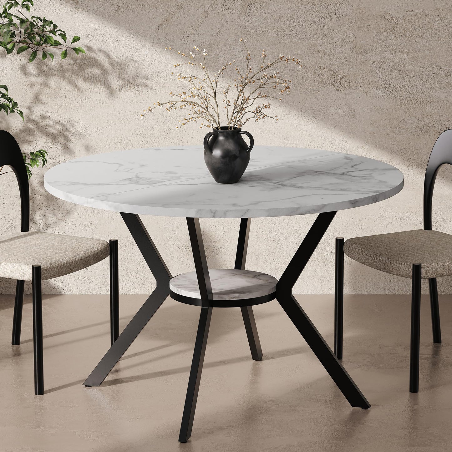 42" Round Dining Table for 2-4, Modern Kitchen Table with Faux Marble Tabletop & Metal Legs, Space Saving Circle Table with Storage, Wood Kitchen & Dining Room Tables for Kitchen Dining Room