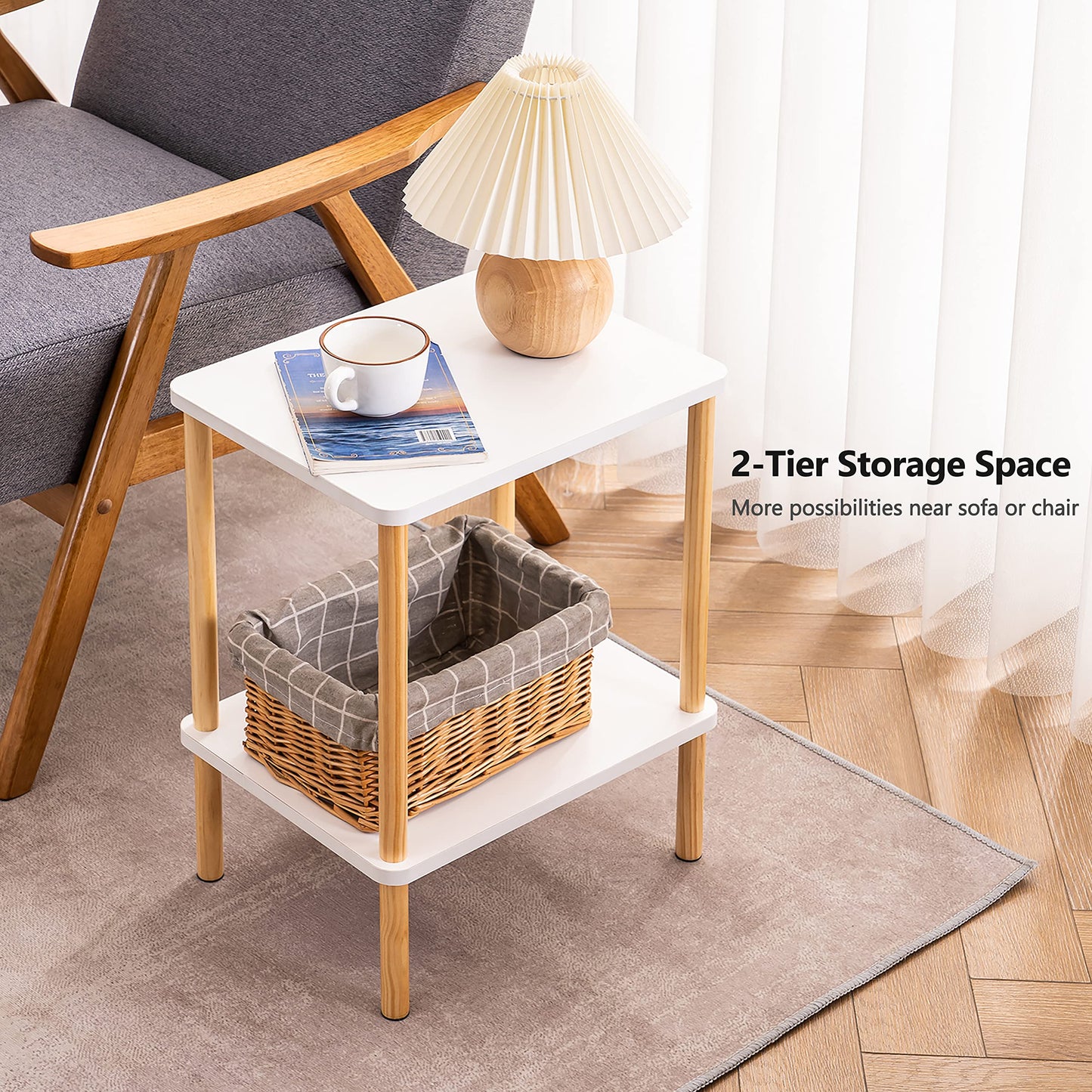 Apicizon 2 Tier End Table, Small Side Table with Solid Wood Legs, Boho Bedside Table with Storage Shelf, Nightstand for Small Spaces, Bedroom, Living Room, Entryway, Easy Assembly, White+Natural