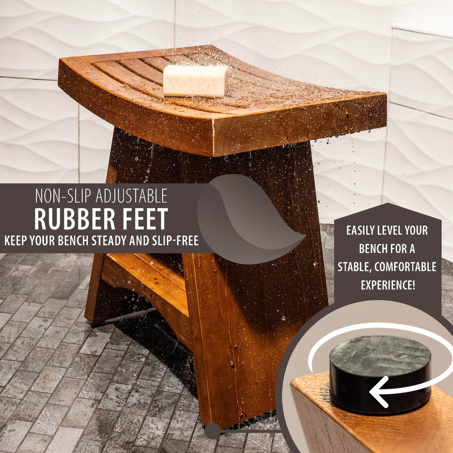 Purteak Teak Shower Bench, 450 Pound Capacity Shower Stool, Water Resistant 18 Inches Solid Wood Seat, Teak Wooden Stool for Inside to Sit On, Extra Sturdy and Slip Resistant Seat
