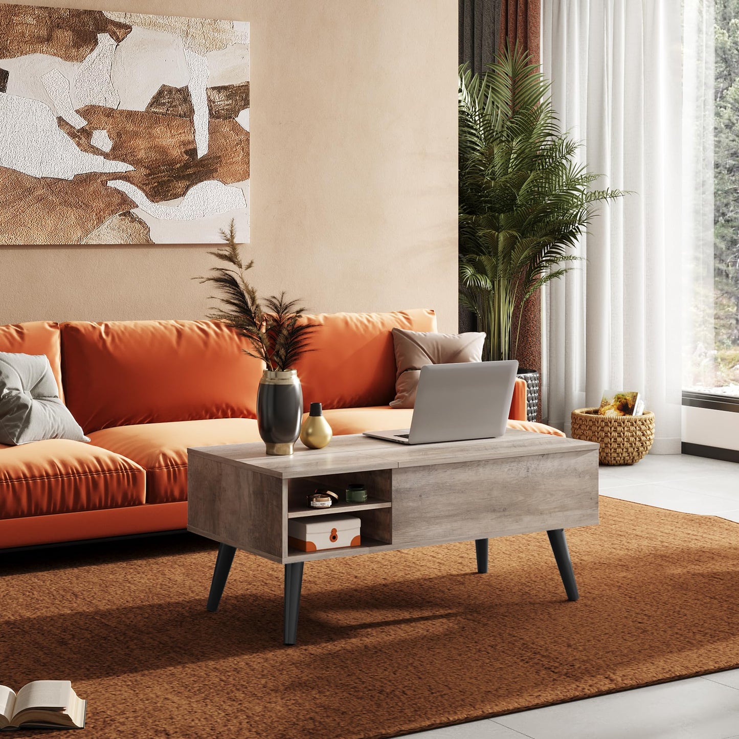 WLIVE Lift Top Coffee Table for Living Room,Small Coffee Table with Storage, Adjustable Shelf and Storage Compartment, Mid Century Modern Living Room Table, Greige