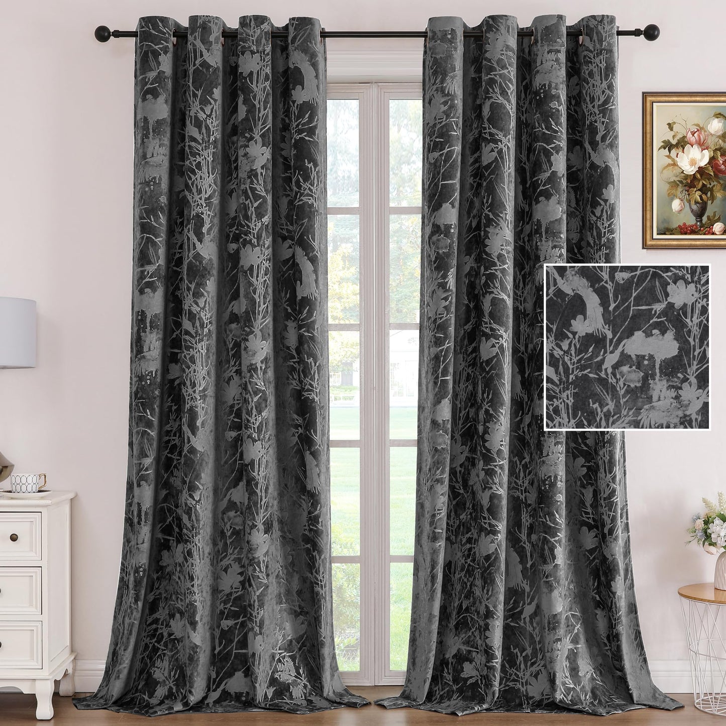 H.VERSAILTEX Luxury Velvet Curtains for Bedroom 108 Inches Length 2 Panels Thermal Birds and Lotus Floral Pattern Curtains for Living Room Boho Style Grommet Drapes for Theatre Hall, Dark Gray