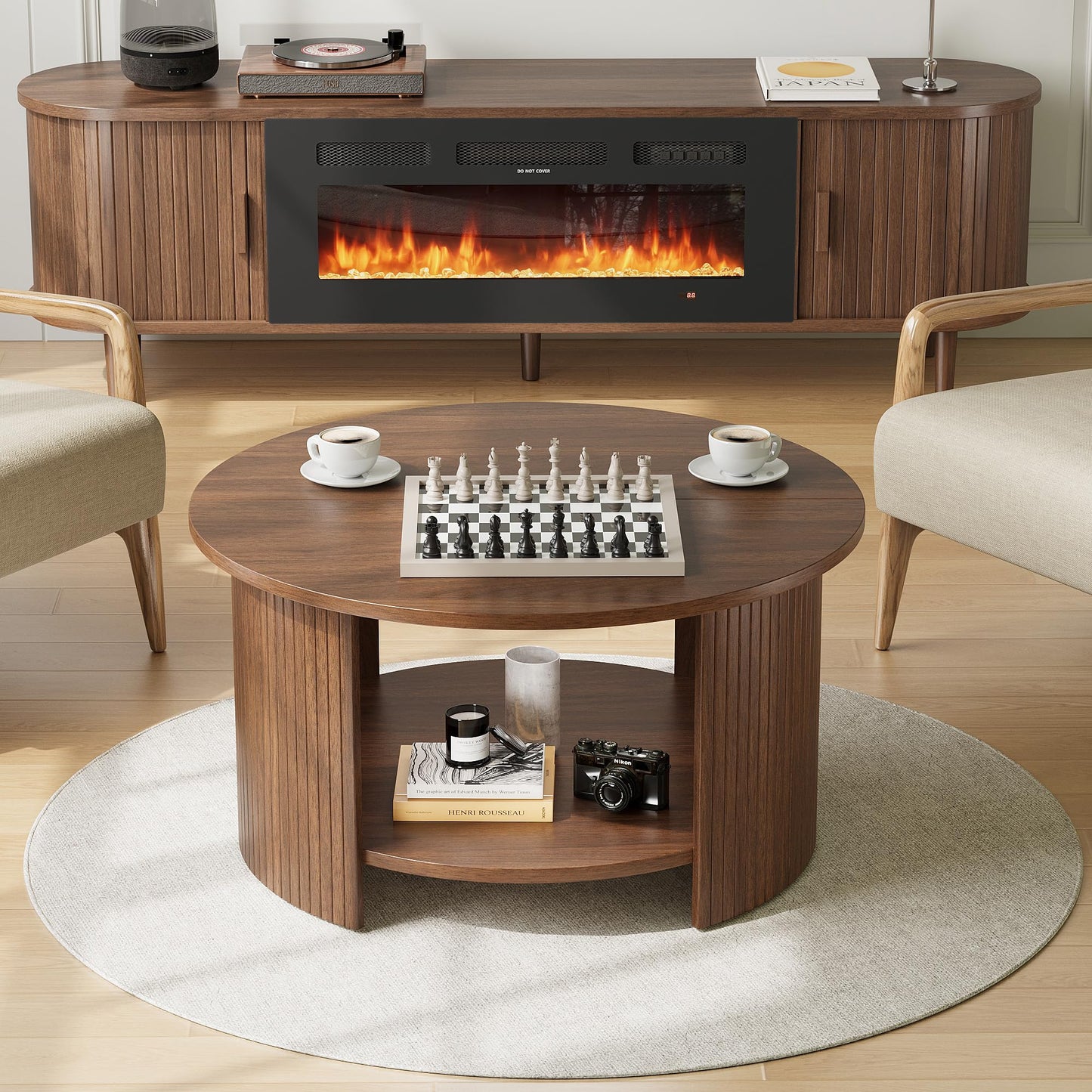 OneBlis Round Coffee Table with Storage, 31.5" Modern Fluted Center Table, 2-Tier Mid Century Coffee Table, Wood Circle Table for Living Room, Home Office, Small Space, Walnut