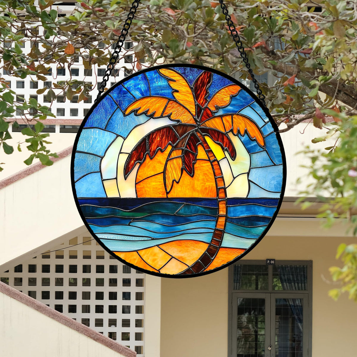 DASTOLL Stained Glass Window Hanging 4 Pcs Set Blue Orange Ocean Beach Theme 6.3" - Suncatcher Door Garden Sun Catcher Decor Birthday Christmas for Mom Woman Nana Men Wife