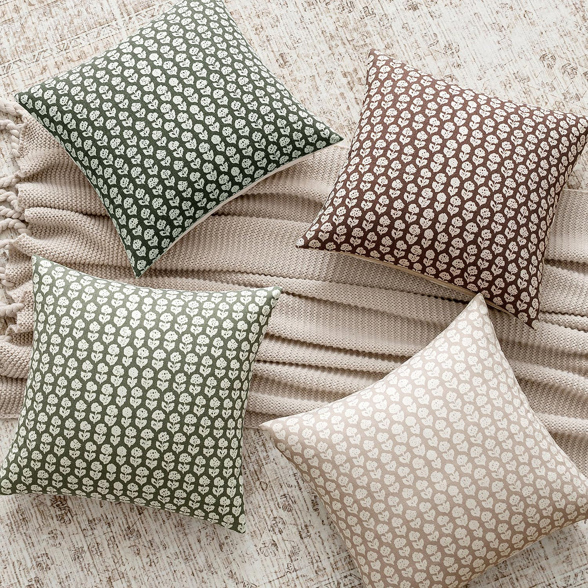 MIULEE Winter Block Print Pillow Covers 18x18 Inch Set of 2, Christmas Vintage Floral Throw Pillow Cases Neutral Linen Farmhouse Cushion Covers for Couch Sofa Bed Chair Living Room, Army Green