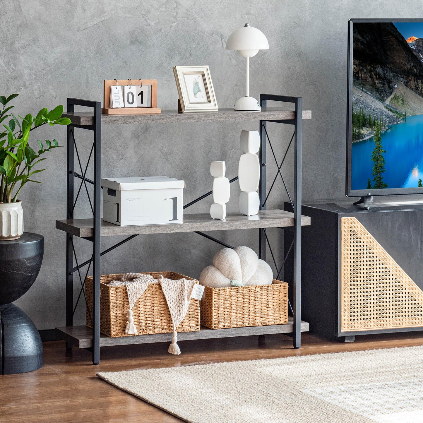 HCHQHS Bookshelf, 3-Tier Industrial Bookcase, Rustic Open Book Shelf, Freestanding Horizontal Bookshelves with Metal Frame