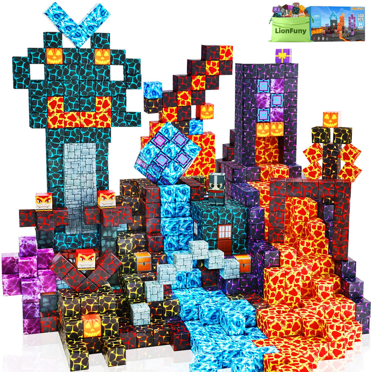 LionFuny Magnetic Blocks,100PCS Magnetic Building Blocks,Magnet Blocks Build 3D World Stacking Toys,STEM Sensory Educational Toys Gifts Set for Kids Toddlers Boys 3 4 5 6 7 8 9+ Year Old