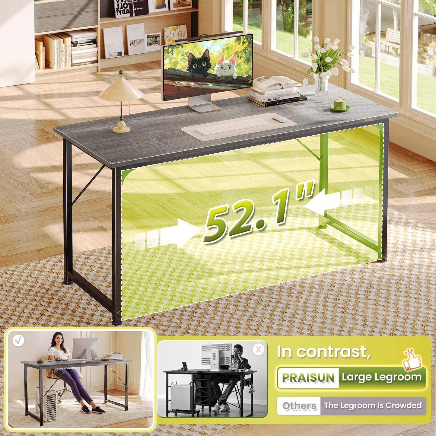 PRAISUN 55 Inch Computer Desk, Home Office Desk with Spacious Desktop, Modern Gaming Desk, Writing Study Table for Bedroom, Small Spaces, Work from Home Desk with Metal Frame, Grey